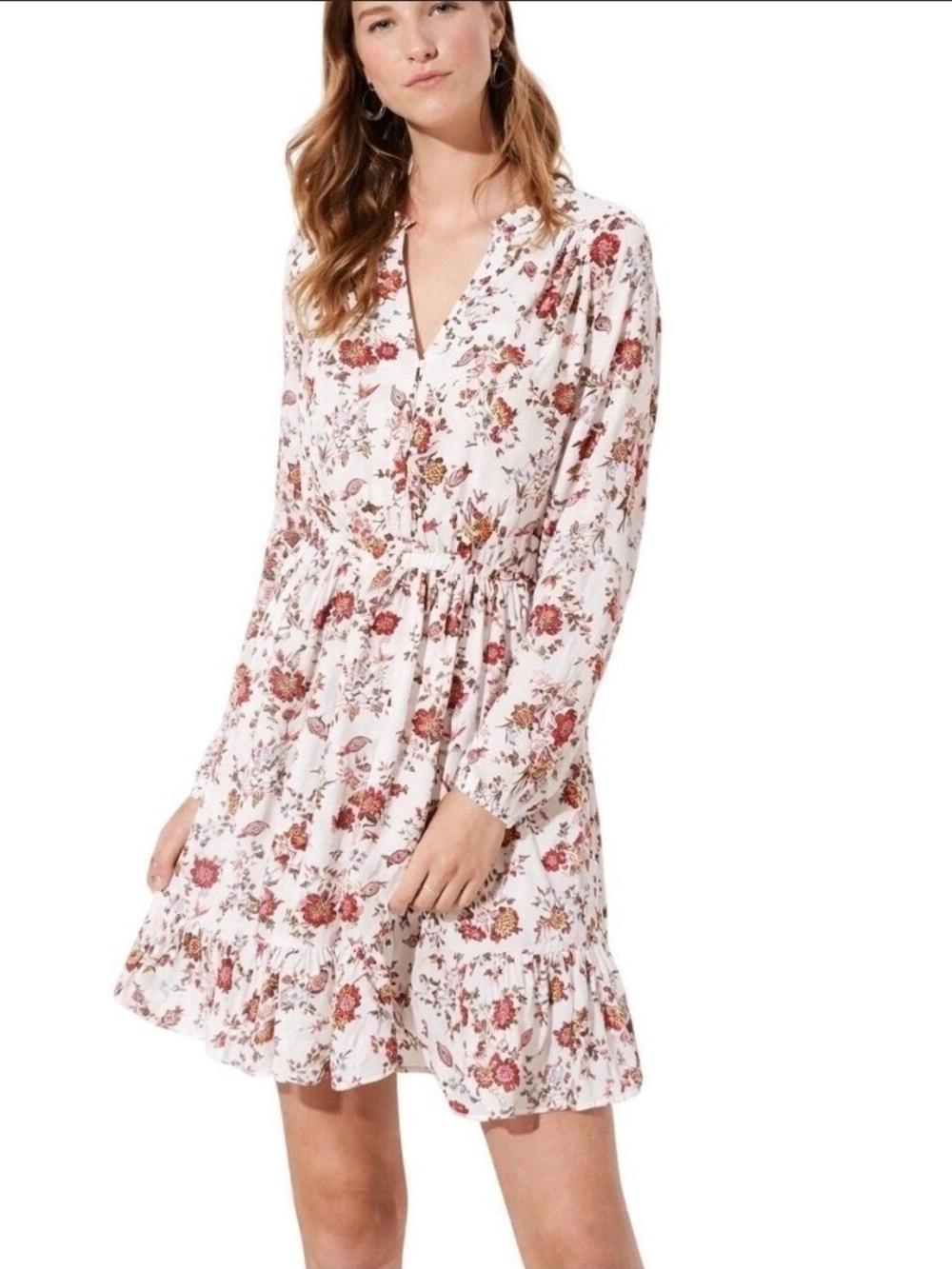 LOFT White Floral V-Neck Long Sleeve Ruffle-Hem Dress